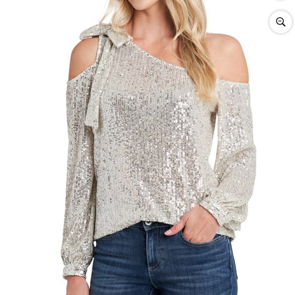 CeCe Silver Asymmetrical Sequin Blouse